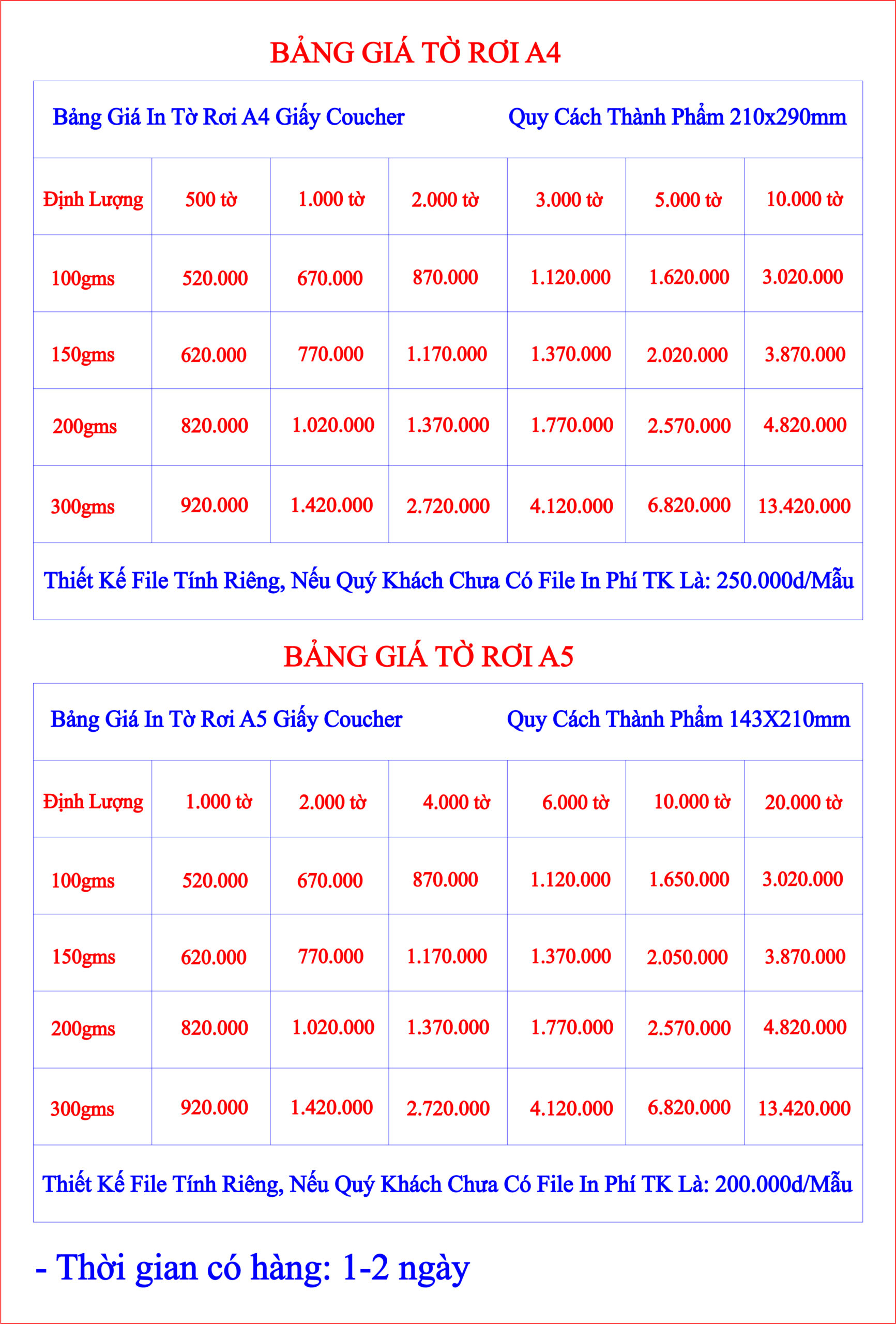 bảng giá tờ rơi